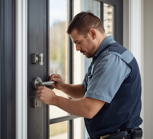 Professional locksmith installing a new door lock in Silver Spring, MD, to enhance home security.