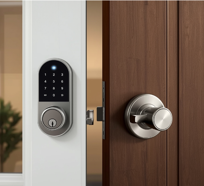 Close-up view of a smart keypad door lock and a traditional deadbolt on a modern home entry door, showing the contrast between digital and mechanical security options.