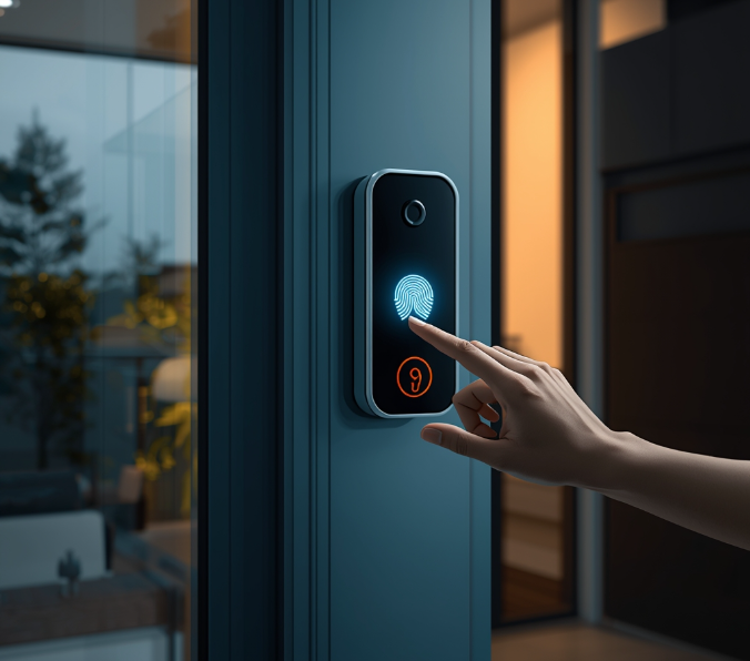 A fingerprint biometric door lock is being used on a modern smart home entrance for secure keyless access.