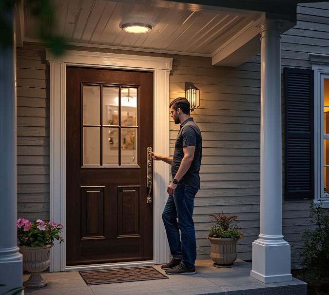 Homeowner locking front door at night to secure house against break-ins in Washington DC neighborhood