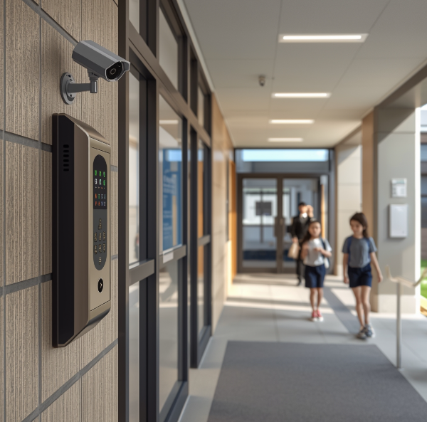 Modern school entrance with access control keypad and CCTV camera monitoring students entering campus safely